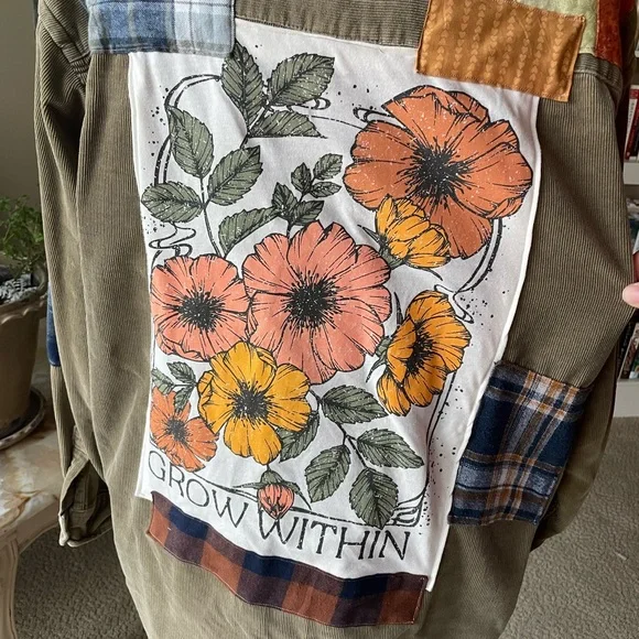 Boho retro upcycled plaid floral graphic patchwork corduroy Dockers button down - Picture 6 of 16